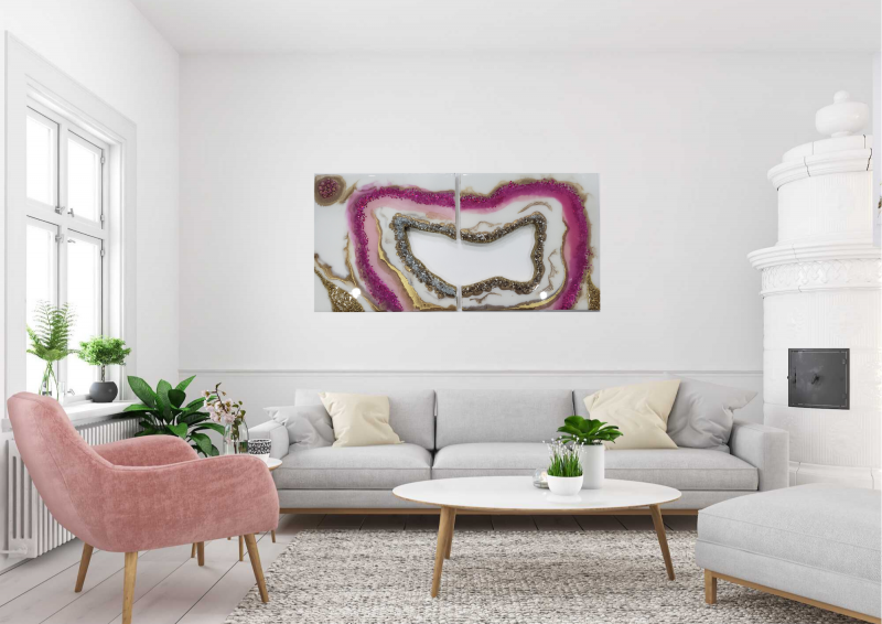Original Geode Inspired Diptych (2 - piece) Crystal Artwork - 12 x 24"   $300 - Image 4