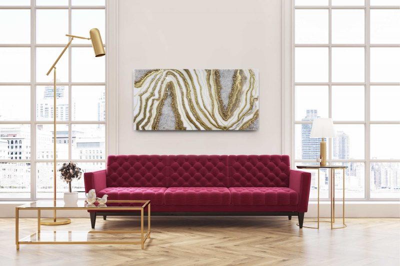 White and gold Geode Inspired Artwork with real Quartz 2x4 ft               $1100 - Image 8