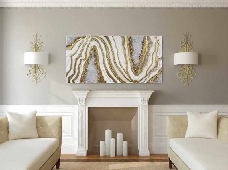 White and gold Geode Inspired Artwork with real Quartz 2x4 ft               $1100 - Image 4