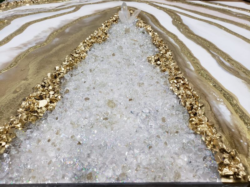 White and gold Geode Inspired Artwork with real Quartz 2x4 ft               $1100 - Image 11