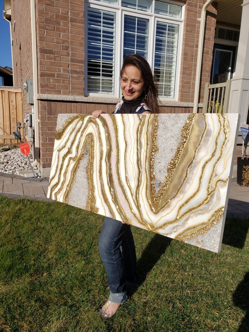 White and gold Geode Inspired Artwork with real Quartz 2x4 ft               $1100 - Image 13