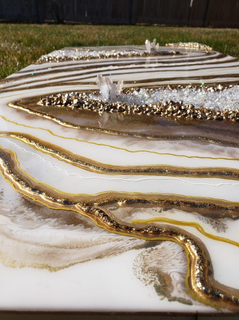 White and gold Geode Inspired Artwork with real Quartz 2x4 ft               $1100 - Image 12