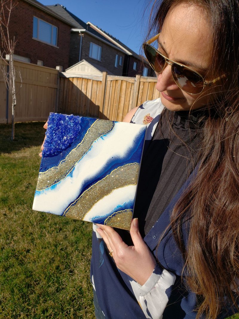 Blue White & Gold Geode Inspired Mini Painting 8x8" - Image 3