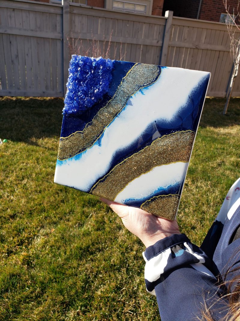 Blue White & Gold Geode Inspired Mini Painting 8x8" - Image 2