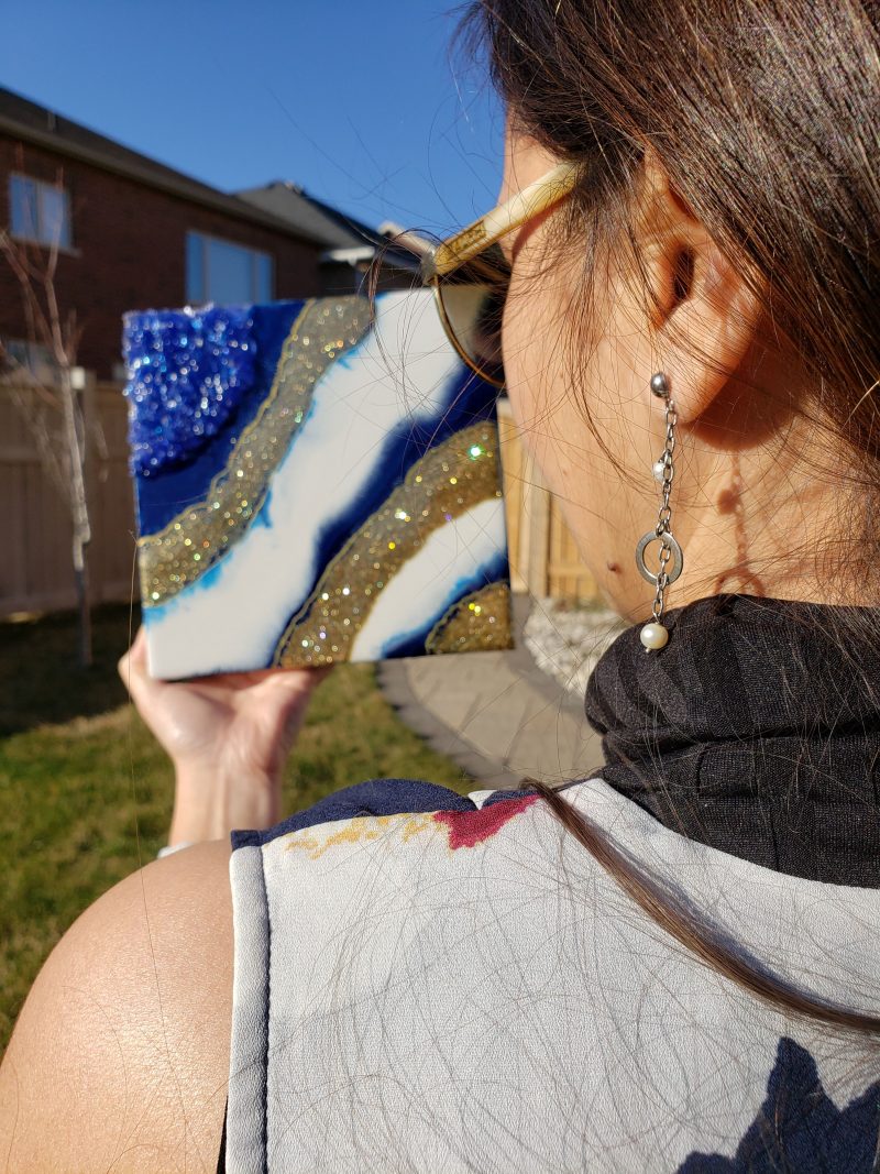 Blue White & Gold Geode Inspired Mini Painting 8x8" - Image 4