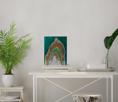 Green And Gold Epoxy Resin Geode Mini Artwork - Shelf/ Mantle Decor $85