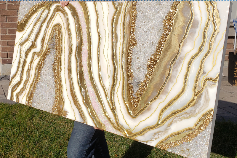 White and gold Geode Inspired Artwork with real Quartz 2x4 ft               $1100 - Image 14
