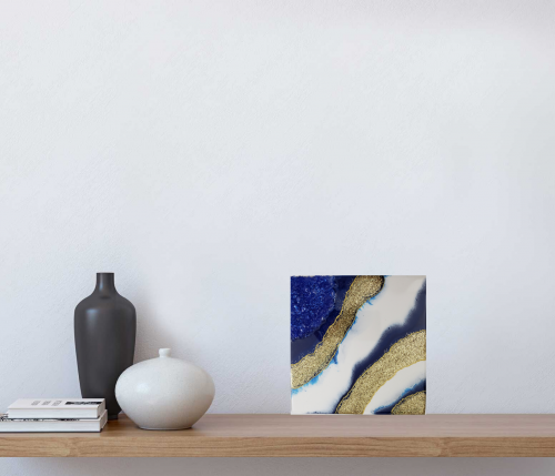 Blue White & Gold Geode Inspired Mini Painting 8x8"