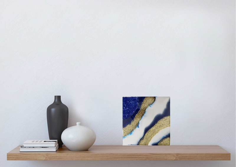Blue White & Gold Geode Inspired Mini Painting 8x8"