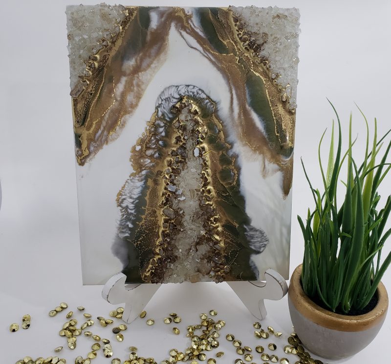 Olive green-White-Gold Geode Inspired Mini Painting - Shelf Decor $85 - Image 2