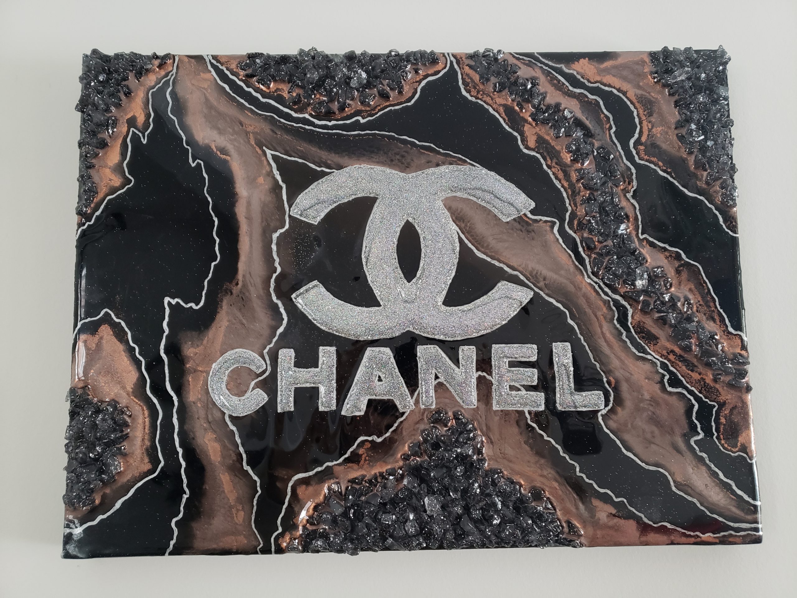 Black Bronze and Holographic Glitter Chanel Resin Painting 12×16
