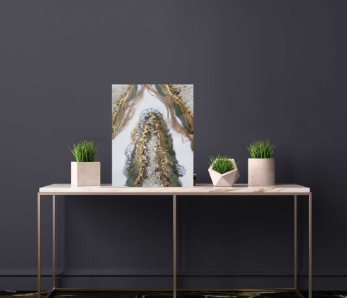 Olive green-White-Gold Geode Inspired Mini Painting - Shelf Decor $85