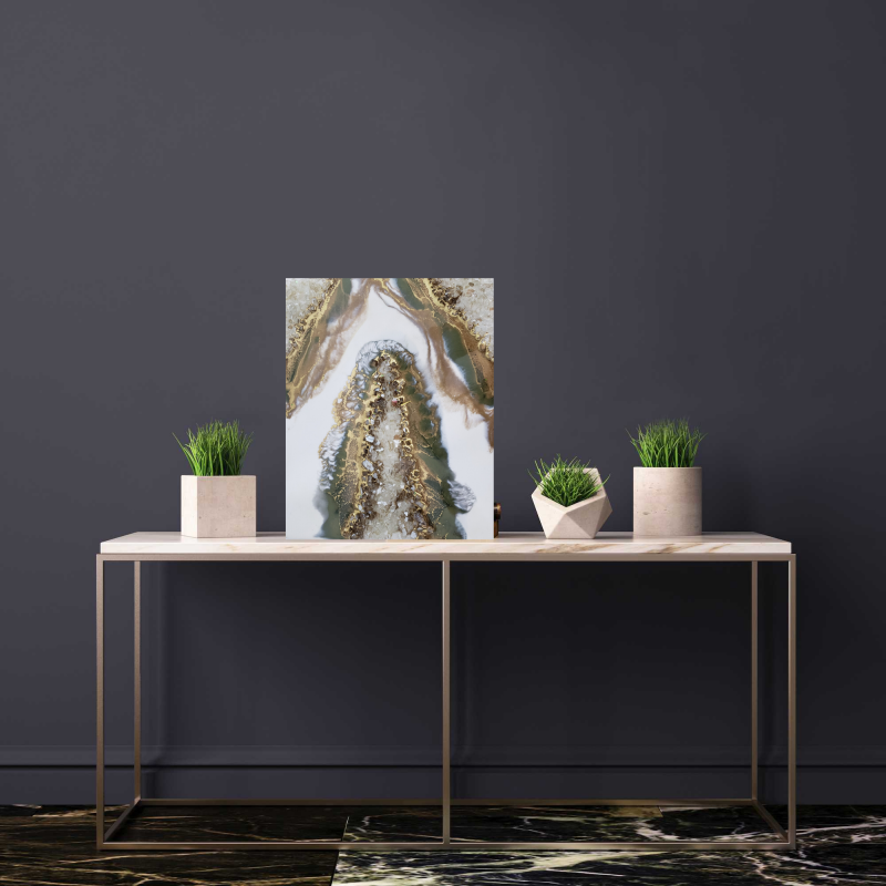Olive green-White-Gold Geode Inspired Mini Painting - Shelf Decor $85