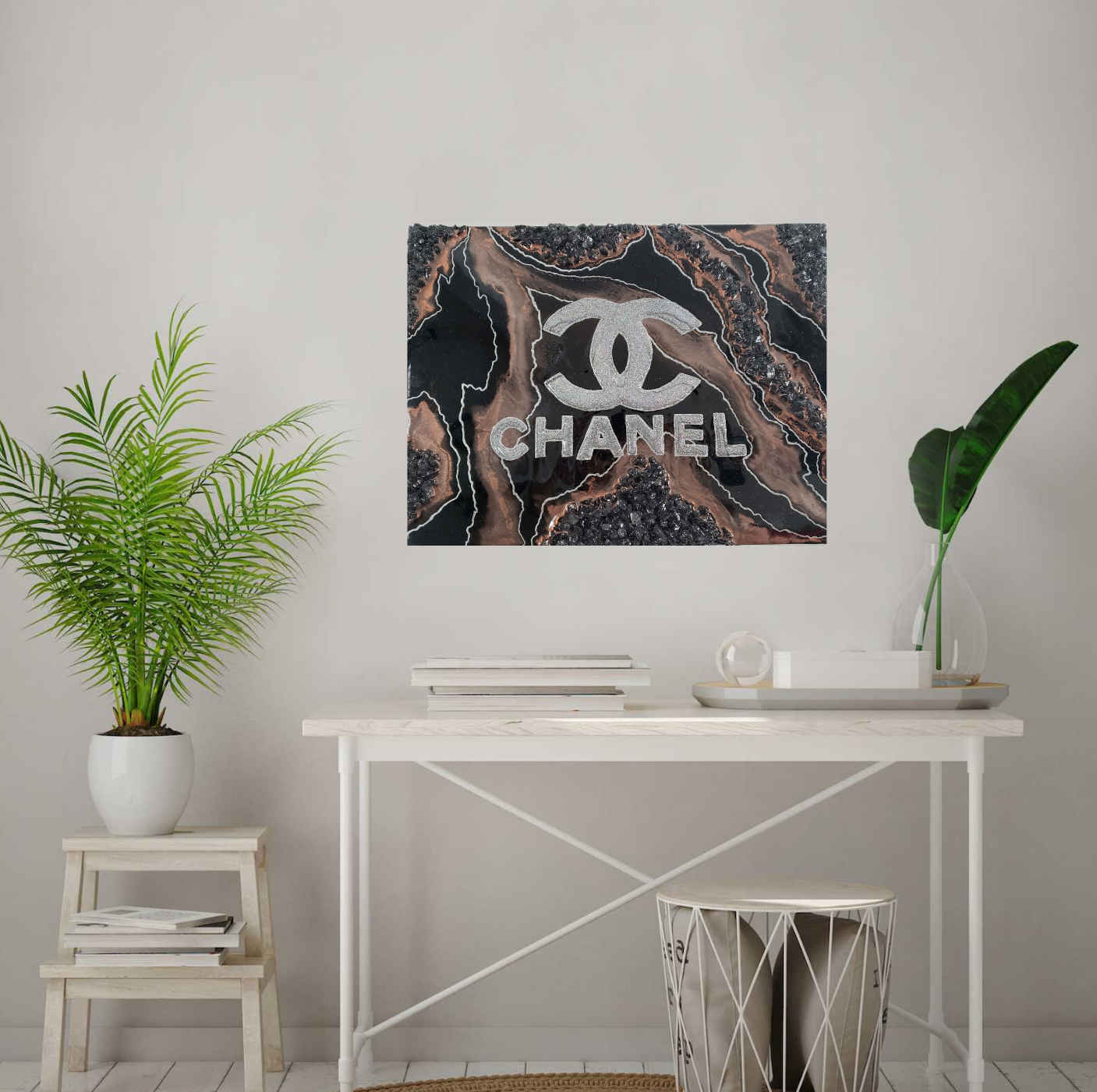 Black Bronze and Holographic Glitter Chanel Resin Painting 12×16″ $200 –  Priya Malhotra