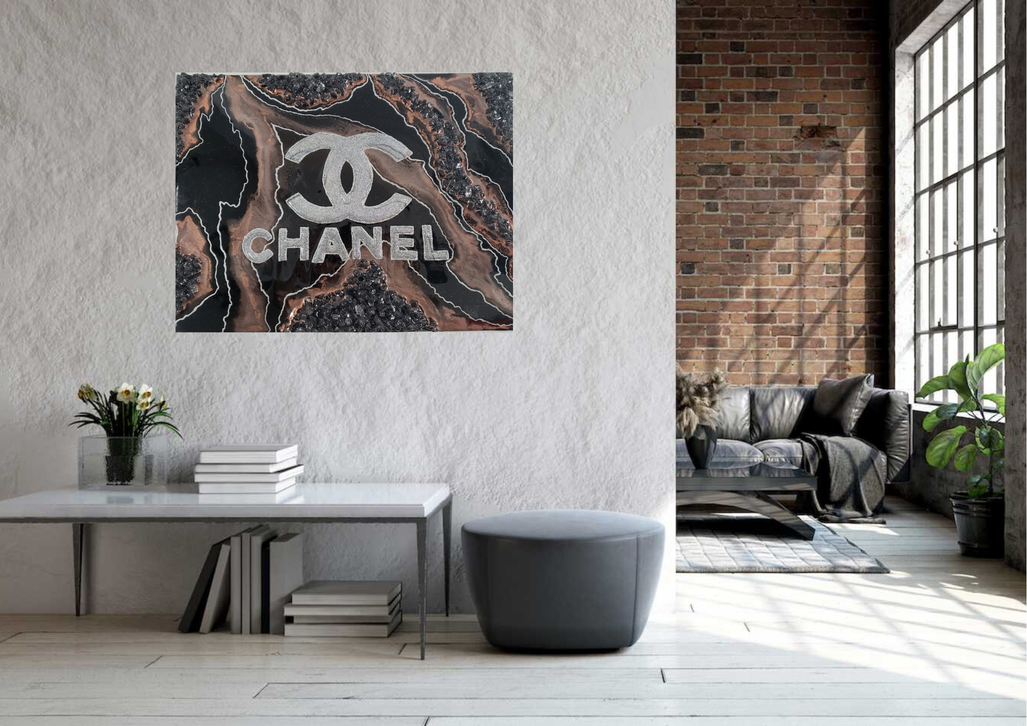 Black Bronze and Holographic Glitter Chanel Resin Painting 12×16