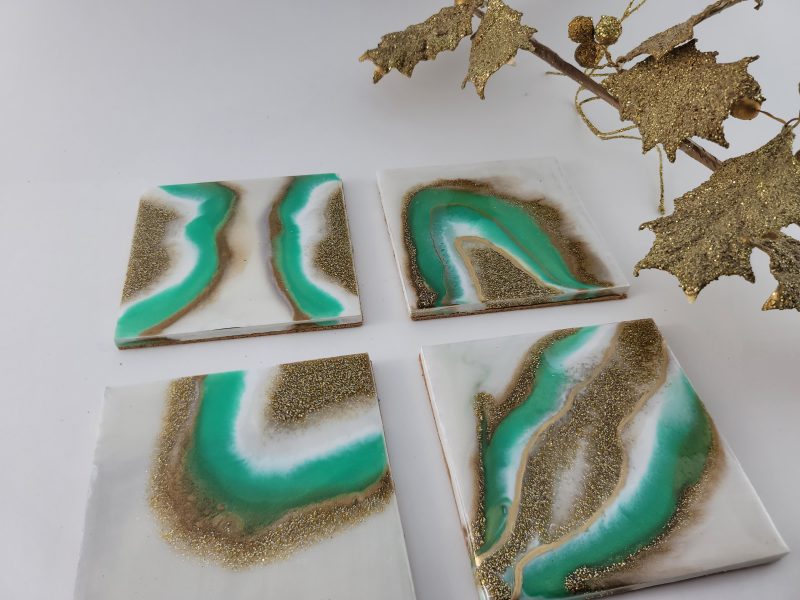 Geode Inspired Coasters - Green White & Gold / Home Decor/Bridesmaid gift / Wedding gift / Engagement gift / Groomsmen gift / Gift for women - Image 2