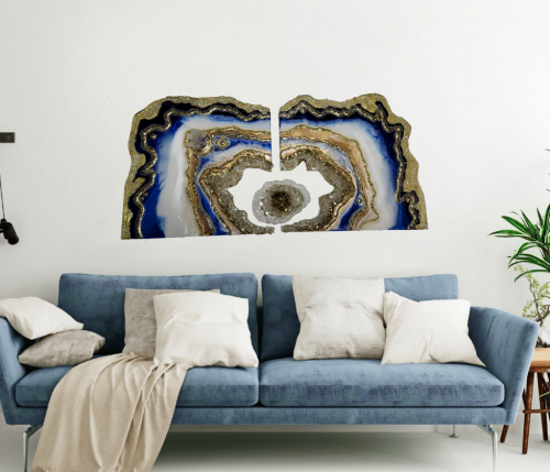 Blue and gold Geode Wall Art Diptych (2 Pieces)