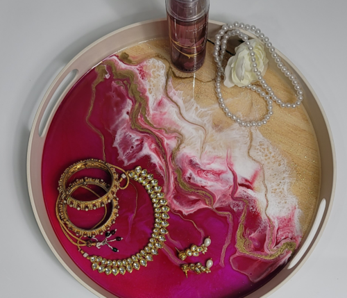Fuchia Resin Bamboo Tray -Jewelry Tray- Serving Tray -Display Tray - Decorative Round Tray