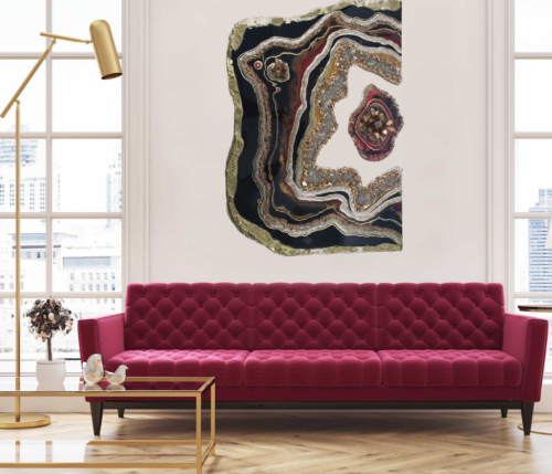 Black-Red-Gold Free Form Geode Wall Art With Floating Agate Piece   $420