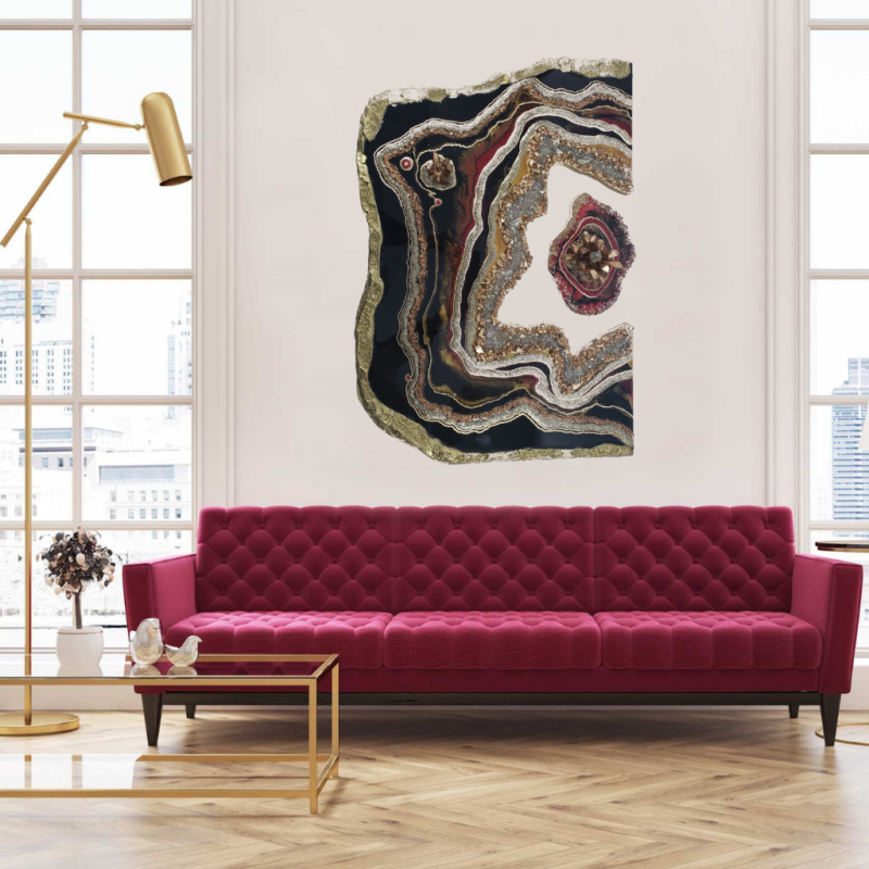 Black-Red-Gold Free Form Geode Wall Art With Floating Agate Piece   $420