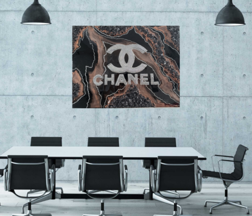 Black Bronze and Holographic Glitter Chanel Resin Painting 12x16"  $200