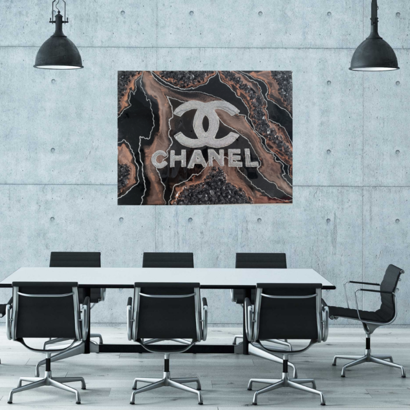 Black Bronze and Holographic Glitter Chanel Resin Painting 12x16"  $200