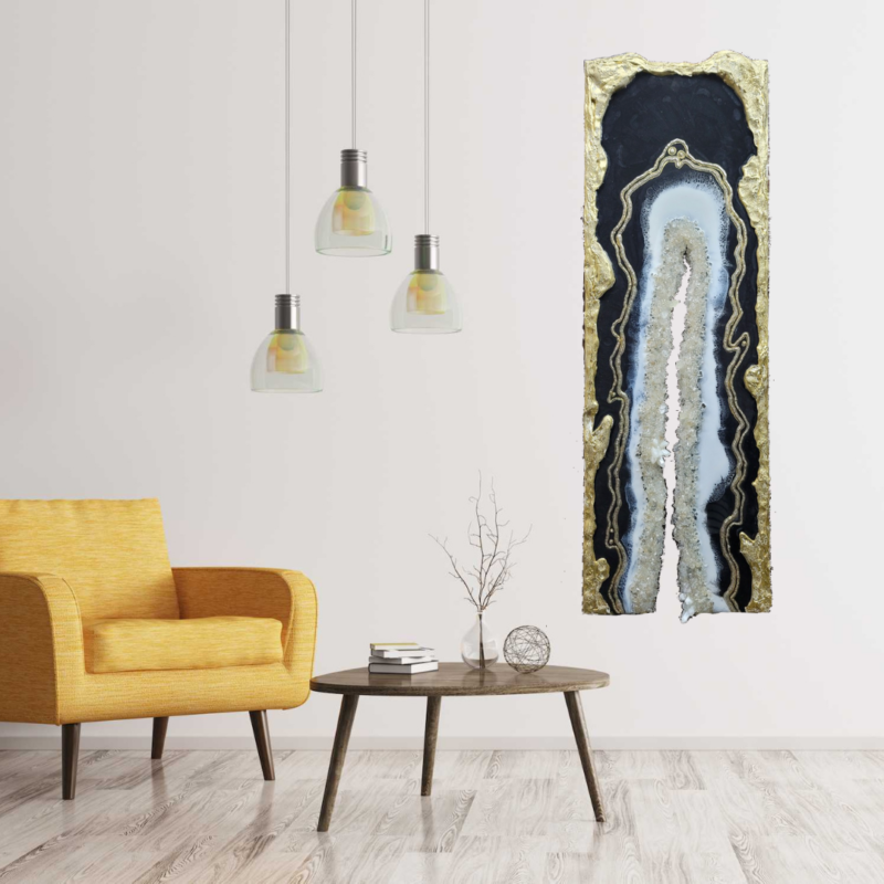 Long Modern Black-White And Gold Geode Crystal Wall Artwork $850 - Image 3